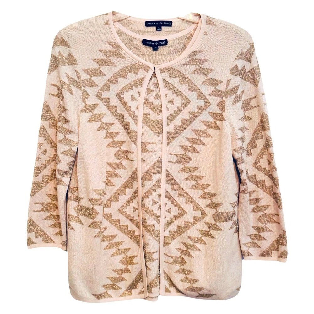 Preston & York Size Large Cream/Metallic Gold Sleeveless Shell & LS Cardigan